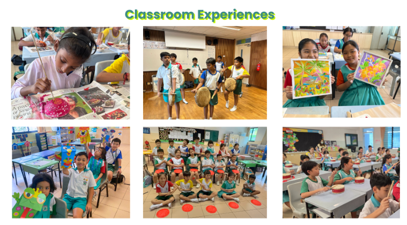 Six grid photos show diverse classroom activities. Students are seen painting intricate paper crafts, playing traditional hand drums, and proudly holding up colorful patterned drawings. Other frames capture children raising their hands during a lesson, sitting cross-legged on floor mats, and practicing rhythm patterns with small handheld percussion instruments. 